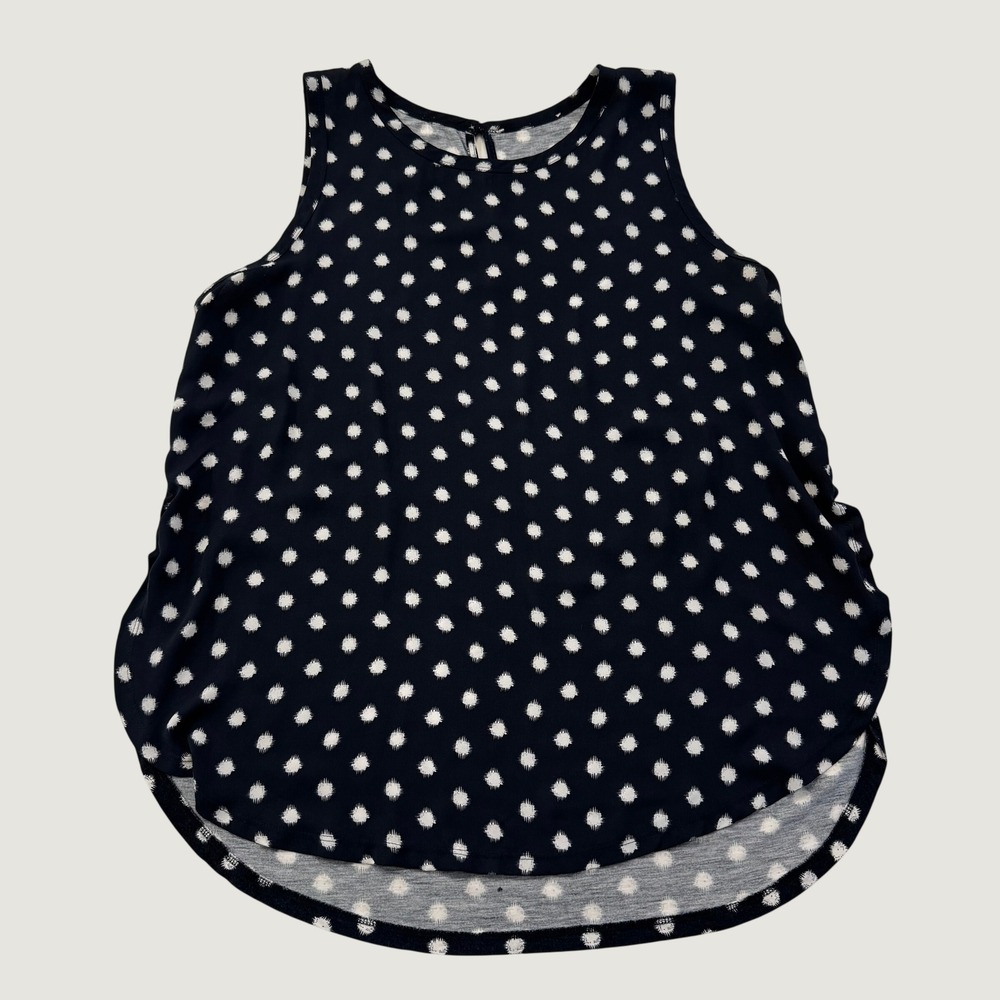 LOFT Sleeveless Shell Top Womens XL Navy Blue White Polka Dot Mixed Media